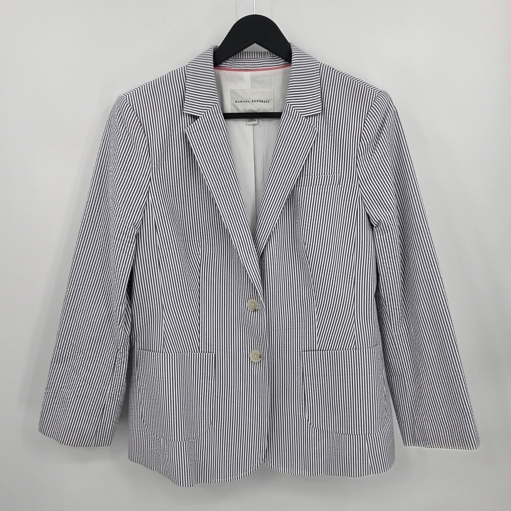 Banana Republic Seersucker Blazer Jacket Womens 12 Striped Coastal Preppy Cotton